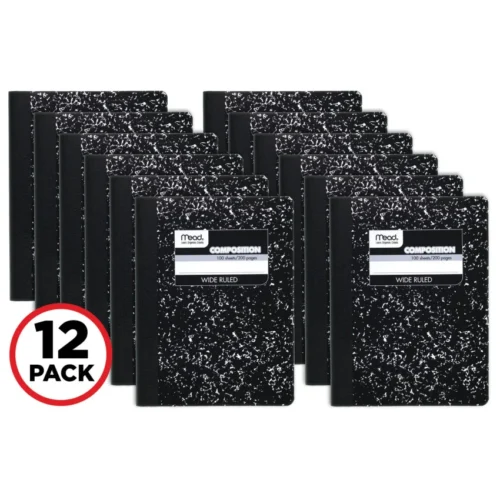 Mead Square Deal Composition Book, 3-Subject, Wide/Legal Rule, Black Cover, (100) 9.75 x 7.5 Sheets, 12/Pack (MEA72936)