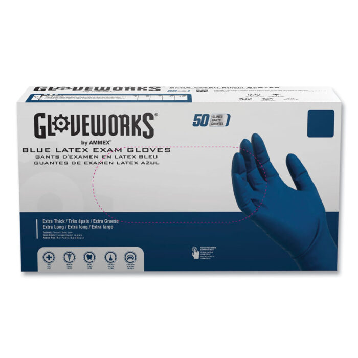 GloveWorks by AMMEX Latex Exam Gloves, Powder-Free, Medium, Blue, 50 Gloves/Box, 10 Boxes/Carton (AXCGPLHD84100)