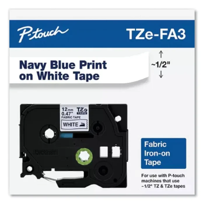 TZ Industrial Series Fabric Iron-On Tape, 0.47" x 9.8 ft, Navy on White (BRTTZEFA3)