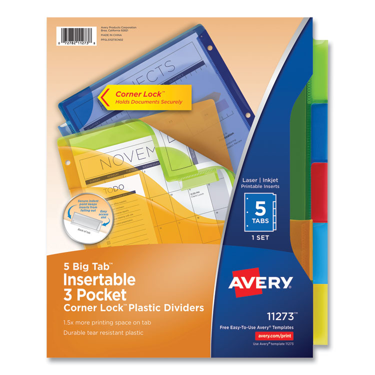 Avery Insertable Big Tab Plastic Three-Pocket Corner Lock Dividers, 5-Tab, 11.13 x 9.25, Assorted, 1 Set (AVE11273)