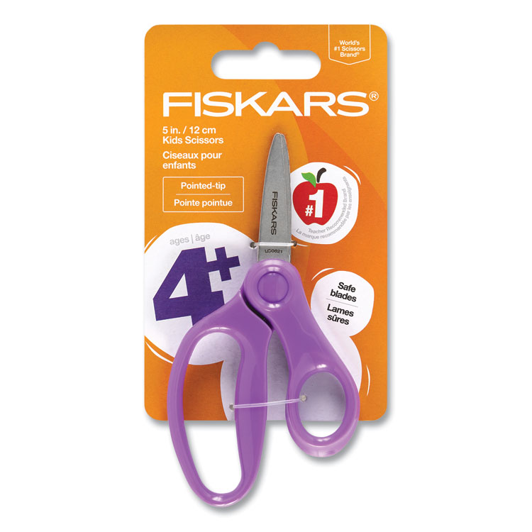 Fiskars Kids Scissors, Pointed Tip, 5" Long, 1.75" Cut Length, Straight Handle, Randomly Assorted Handle Color (FSK1067052)