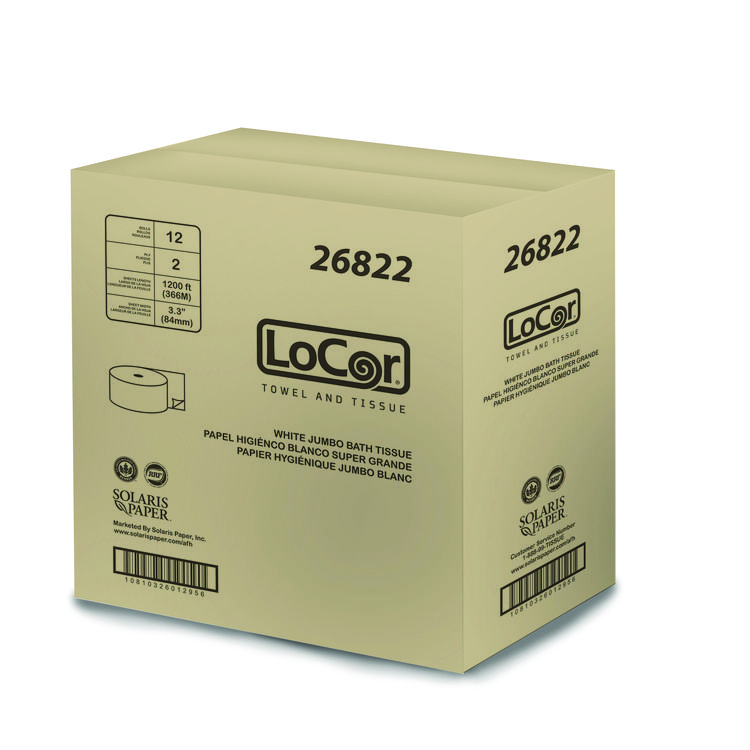 LoCor Jumbo Bath Tissue, 2-Ply, White, 3.3 x 1,200 ft, 12/Carton (SOL26822)