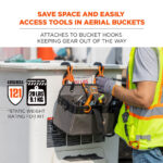 "The Ergodyne Arsenal 5846 Bucket Truck Tool Bag is designed for secure, organized storage in aerial buckets. It includes the 5844 tool bag and a 2-pack of 3178 locking bucket hooks. Made from durable polyester with nylon straps, it has interior pockets, a tape measure slot, and grommets for hanging tools. Side standoffs keep the bag upright and prevent spills. Ideal for use in and out of buckets. "