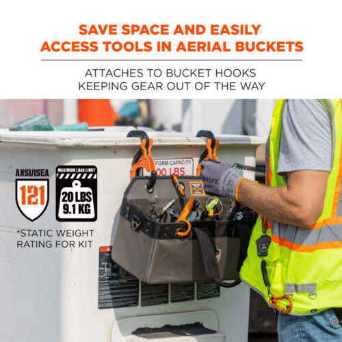 "The Ergodyne Arsenal 5846 Bucket Truck Tool Bag is designed for secure, organized storage in aerial buckets. It includes the 5844 tool bag and a 2-pack of 3178 locking bucket hooks. Made from durable polyester with nylon straps, it has interior pockets, a tape measure slot, and grommets for hanging tools. Side standoffs keep the bag upright and prevent spills. Ideal for use in and out of buckets. "