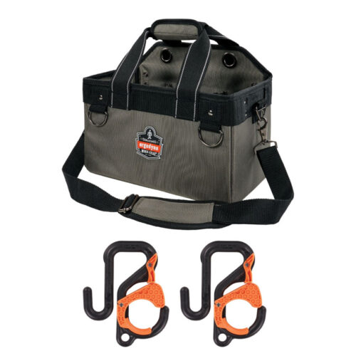 "The Ergodyne Arsenal 5846 Bucket Truck Tool Bag is designed for secure, organized storage in aerial buckets. It includes the 5844 tool bag and a 2-pack of 3178 locking bucket hooks. Made from durable polyester with nylon straps, it has interior pockets, a tape measure slot, and grommets for hanging tools. Side standoffs keep the bag upright and prevent spills. Ideal for use in and out of buckets. "