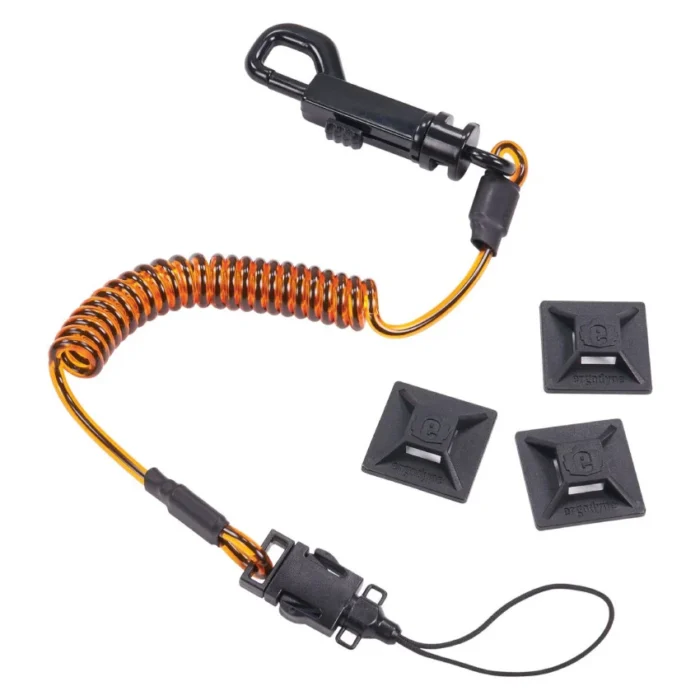 ergodyne Squids 3151 Coil Lanyard Swivel Hook/Detachable Loop, Mini Adhesive Mount, 2 lb Max Working Capacity, 12" Long, Black/Orange (EGO19160)