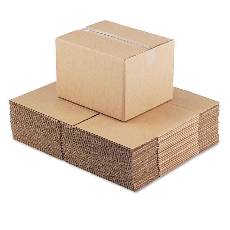 Universal Fixed-Depth Corrugated Shipping Boxes are strong and affordable boxes made from heavy-duty Kraft material. They are 200-lb test and ECT-32-C Flute, making them sturdy for shipping. These boxes come flat and are easy to assemble with shipping tape (sold separately). The box size is 12" x 15" x 10", and there are 25 boxes in each bundle. They are designed as regular slotted containers (RSC).