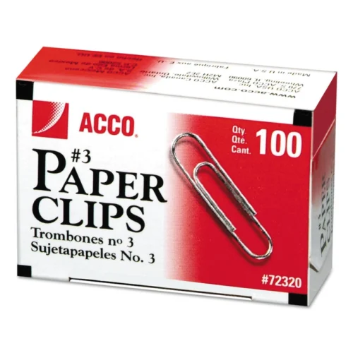 ACCO Paper Clips, #3, Smooth, Silver, 100 ClipsBox, 10 BoxesPack (ACC72320)