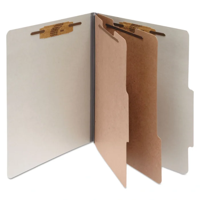 ACCO Pressboard Classification Folders, 3 Expansion, 2 Dividers, 6 Fasteners, Letter Size, Mist Gray Exterior, 10Box (ACC15056)