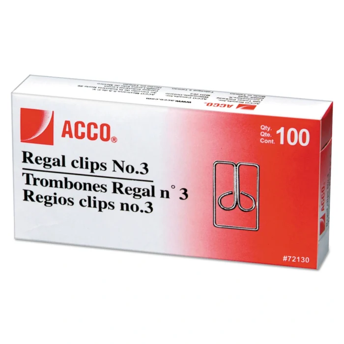 ACCO Regal Clips, #3, Smooth, Silver, 100Box (ACC72130)