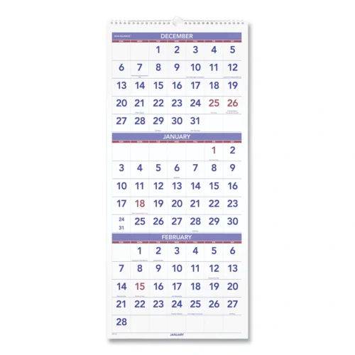 AT-A-GLANCE Deluxe Three-Month Reference Wall Calendar, Vertical Orientation, 12 x 27, White Sheets, 14-Month Dec 2024 to Jan 2026 (AAGPM1128)