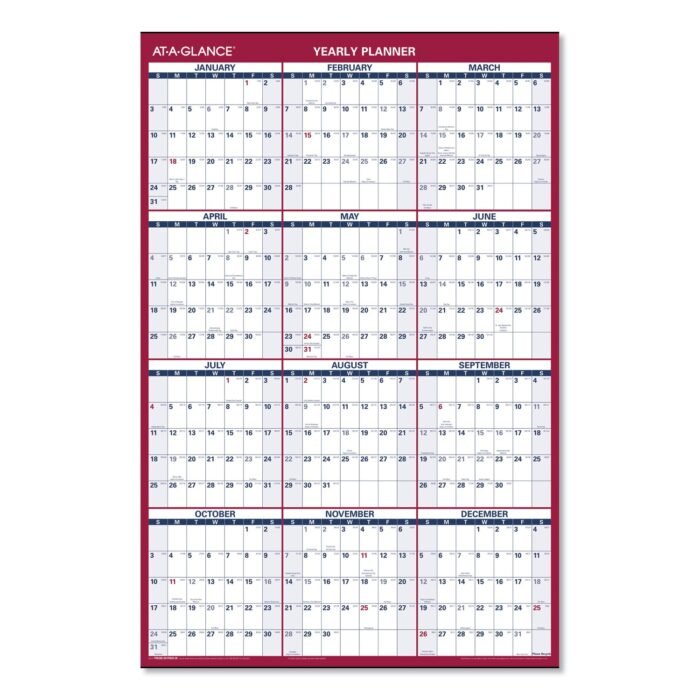 AT-A-GLANCE Erasable VerticalHorizontal Wall Planner, 24 x 36, WhiteBlueRed Sheets, 12-Month (Jan to Dec) 2025 (AAGPM2628)