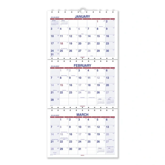 AT-A-GLANCE Move-A-Page Three-Month Wall Calendar, 12 x 27, WhiteRedBlue Sheets, 15-Month Dec 2024 to Feb 2026 (AAGPMLF1128)