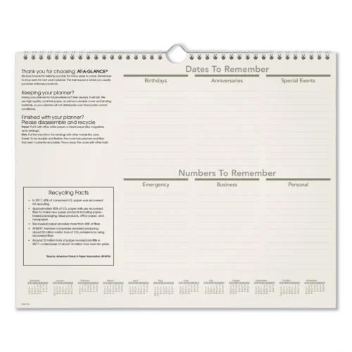 AT-A-GLANCE Recycled Wall Calendar, Unruled Blocks, 15 x 12, SandGreen Sheets, 12-Month (Jan to Dec) 2025 (AAGPMG7728)