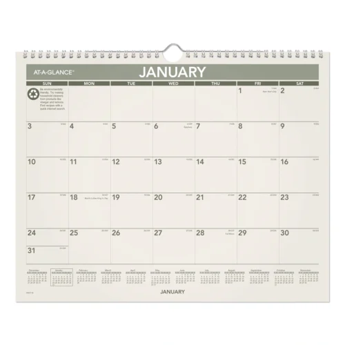 AT-A-GLANCE Recycled Wall Calendar, Unruled Blocks, 15 x 12, SandGreen Sheets, 12-Month (Jan to Dec) 2025 (AAGPMG7728)