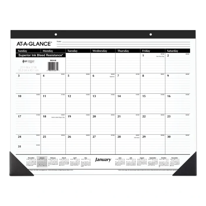 AT-A-GLANCE Ruled Desk Pad, 22 x 17, White Sheets, Black Binding, Black Corners, 12-Month (Jan to Dec) 2025 (AAGSK2400)