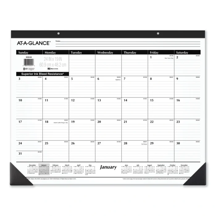 AT-A-GLANCE Ruled Desk Pad, 24 x 19, White Sheets, Black Binding, Black Corners, 12-Month (Jan to Dec) 2025 (AAGSK3000)