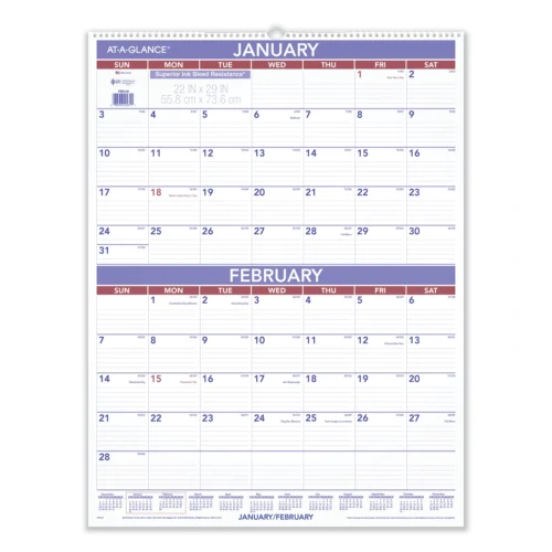 AT-A-GLANCE Two-Month Wall Calendar, 22 x 29, WhiteBlueRed Sheets, 12-Month (Jan to Dec) 2025 (AAGPM928)