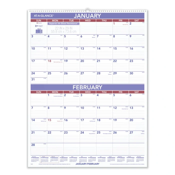 AT-A-GLANCE Two-Month Wall Calendar, 22 x 29, WhiteBlueRed Sheets, 12-Month (Jan to Dec) 2025 (AAGPM928)