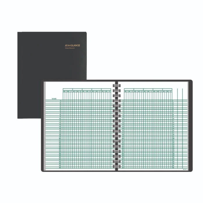 AT-A-GLANCE Undated Class Record Book, Nine to 10 Week Term Two-Page Spread (35 Students), 10.88 x 8.25, Black Cover (AAG8015005)