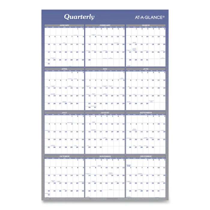 AT-A-GLANCE VerticalHorizontal Erasable QuarterlyMonthly Wall Planner, 24 x 36, WhiteBlue Sheets, 12-Month (Jan to Dec) 2025 (AAGA1102)