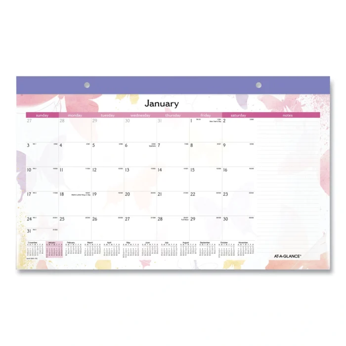 AT-A-GLANCE Watercolors Monthly Desk Pad Calendar, Butterfly Artwork, 17.75 x 11, White Sheets, Purple Binding, 12-Month (Jan-Dec) 2025 (AAGSK91705)