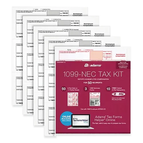 Adams 1099-NEC + 1096 Tax Form Kit with e-File, InkjetLaser, Fiscal Year 2023, 5-Part, 8.5 x 3.67, 3 FormsSheet, 50 Forms Total (ABFSTAX550NEC22)