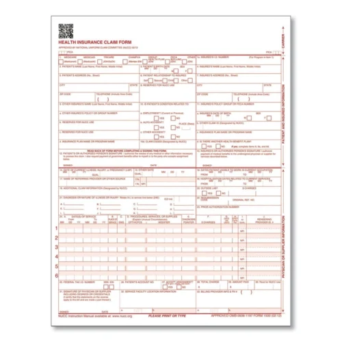 Adams CMS Health Insurance Claim Form, Two-Part Carbonless, 8.5 x 11, 100 Forms Total (ABFCMS1500L1V)