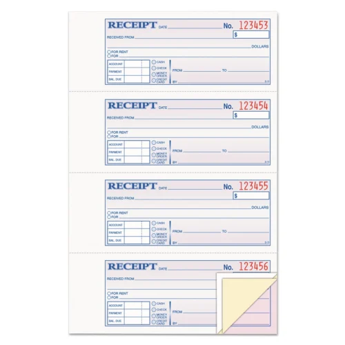 Adams Receipt Book, Three-Part Carbonless, 7.19 x 2.75, 4 FormsSheet, 100 Forms Total (ABFTC1182)