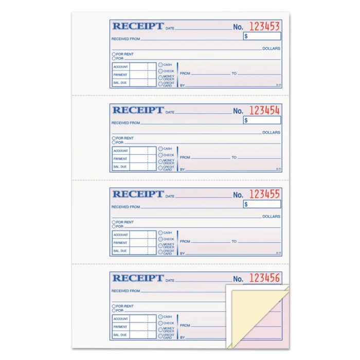 Adams Receipt Book, Three-Part Carbonless, 7.19 x 2.75, 4 FormsSheet, 100 Forms Total (ABFTC1182)