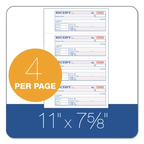 Adams Receipt Book, Three-Part Carbonless, 7.19 x 2.75, 4 FormsSheet, 100 Forms Total (ABFTC1182)