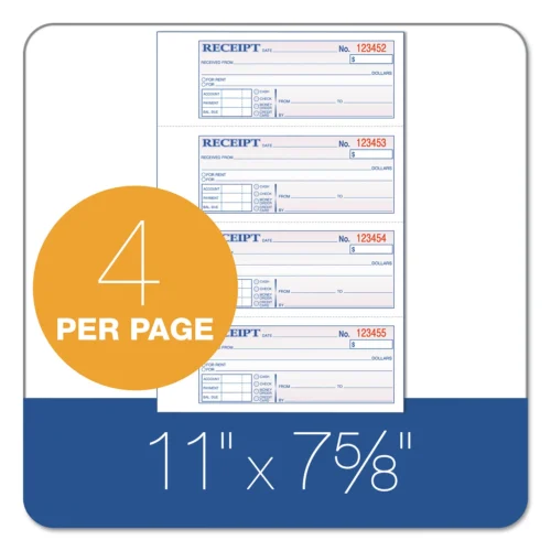 Adams TOPS 3-Part Hardbound Receipt Book, Three-Part Carbonless, 7 x 2.75, 4 FormsSheet, 200 Forms Total (ABFTCH1185)