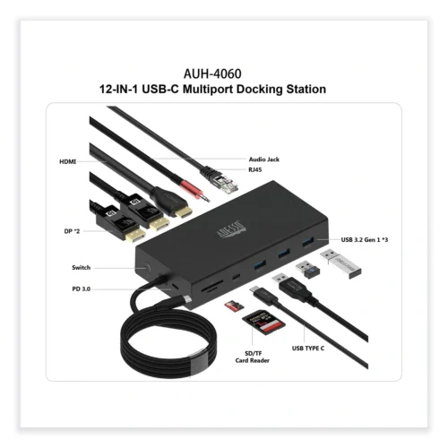 Adesso 12-in-1 USB-C Multi-Port TAA Compliant Docking Station, Black (ADEAUH4060)