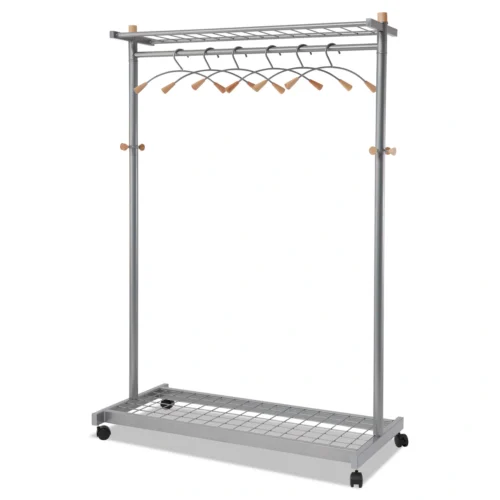 Alba Garment Racks, Two-Sided, 2-Shelf Coat Rack, 6 Hanger6 Hook, 44.8w x 21.67d x 70.8h, SilverWood (ABAPMLUX6)