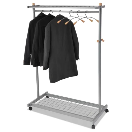 Alba Garment Racks, Two-Sided, 2-Shelf Coat Rack, 6 Hanger6 Hook, 44.8w x 21.67d x 70.8h, SilverWood (ABAPMLUX6)