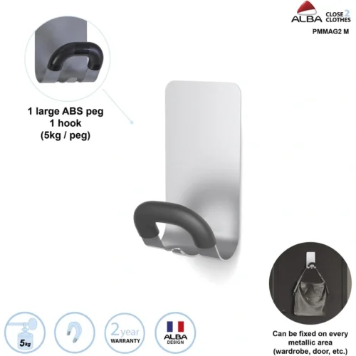 Alba Magnetic Coat Peg, ABSMagnetSteel, BlackSilver, Supports 11 lbs (ABAPMMAG2M)