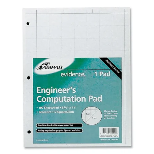 Ampad Evidence Engineer's Computation Pad, Cross-Section Quadrille Rule (5 sqin, 1 sqin), 100 Green-Tint 8.5 x 11 Sheets (AMP22142)