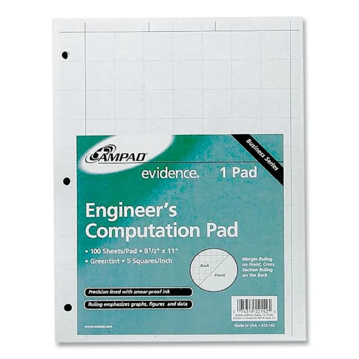 Ampad Evidence Engineer's Computation Pad, Cross-Section Quadrille Rule (5 sqin, 1 sqin), 100 Green-Tint 8.5 x 11 Sheets (AMP22142)