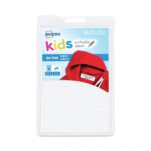 Avery Avery Kids No-Iron Fabric Labels, Handwrite Only, Assorted Shapes and Sizes, White, 15 LabelsSheet, 3 SheetsPack (AVE40700)