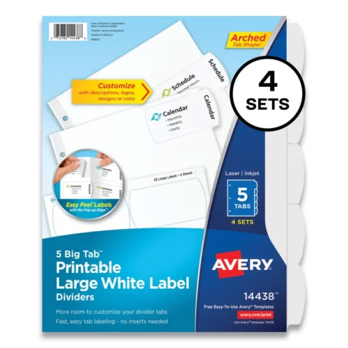 Avery Big Tab Printable Large White Label Tab Dividers, 5-Tab, 11 x 8.5, White, 4 Sets (AVE14438)