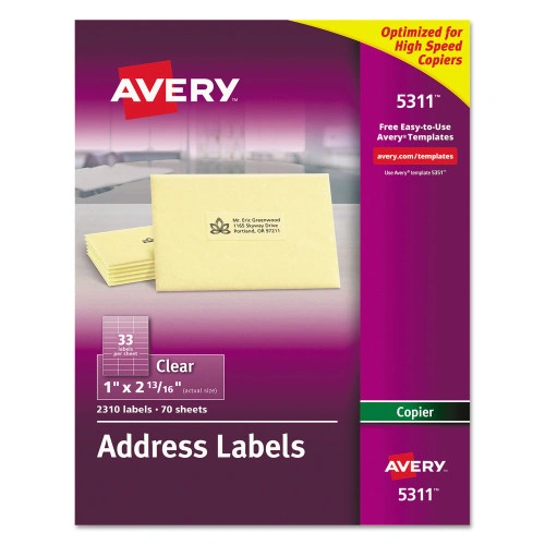 Avery Copier Mailing Labels, Copiers, 1 x 2.81, Clear, 33Sheet, 70 SheetsPack (AVE5311)