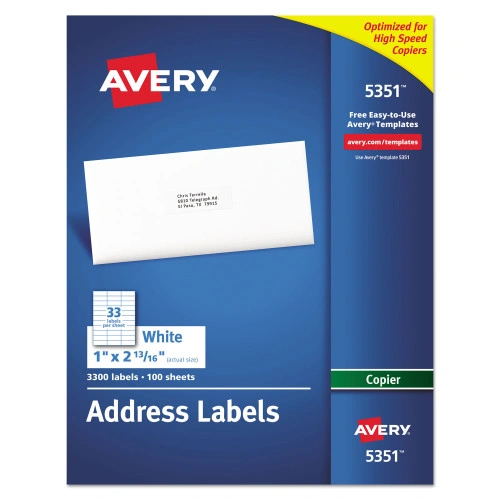 Avery Copier Mailing Labels, Copiers, 1 x 2.81, White, 33Sheet, 100 SheetsBox (AVE5351)