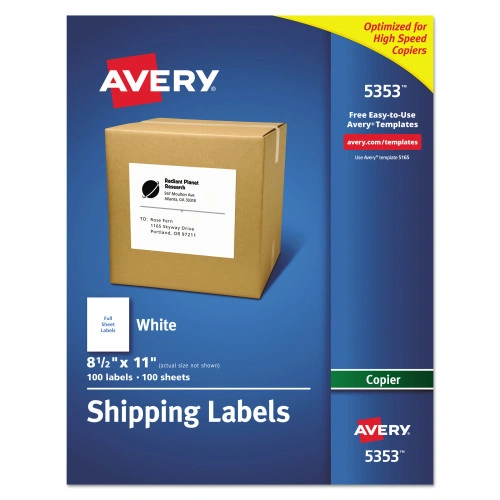 Avery Copier Mailing Labels, Copiers, 8.5 x 11, White, 100Box (AVE5353)