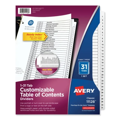 Avery Customizable TOC Ready Index Black and White Dividers, 31-Tab, 1 to 31, 11 x 8.5, 1 Set (AVE11128)