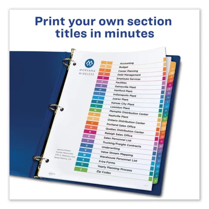 Avery Customizable TOC Ready Index Multicolor Tab Dividers, 26-Tab, A to Z, 11 x 8.5, White, Traditional Color Tabs, 1 Set (AVE11125)