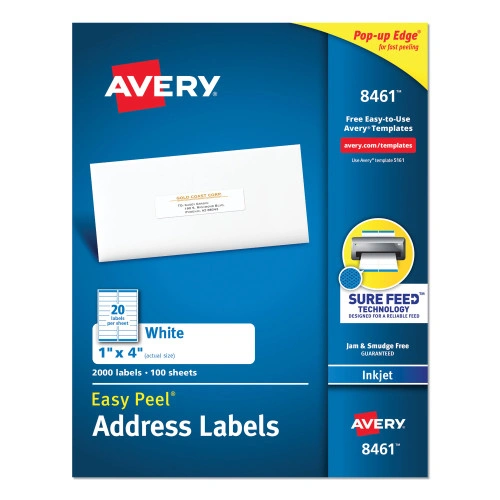 Avery Easy Peel White Address Labels w Sure Feed Technology, Inkjet Printers, 1 x 4, White, 20Sheet, 100 SheetsBox (AVE8461)