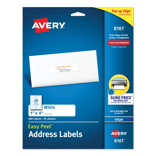 Avery Easy Peel White Address Labels w Sure Feed Technology, Inkjet Printers, 1 x 4, White, 20Sheet, 25 SheetsPack (AVE8161)