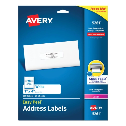 Avery Easy Peel White Address Labels w Sure Feed Technology, Laser Printers, 1 x 4, White, 20Sheet, 25 SheetsPack (AVE5261)