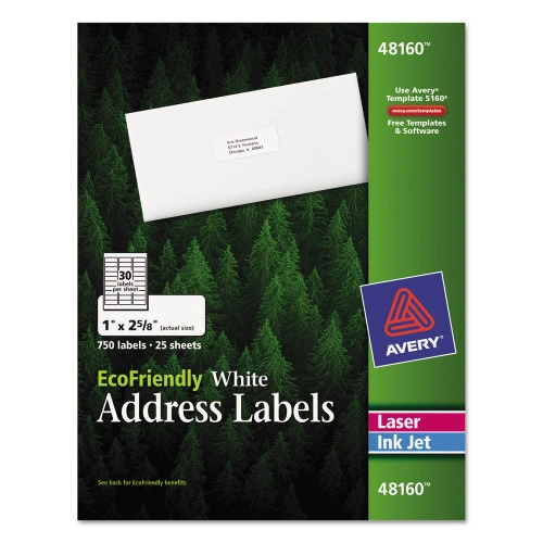 Avery EcoFriendly Mailing Labels, InkjetLaser Printers, 1 x 2.63, White, 30Sheet, 25 SheetsPack (AVE48160)