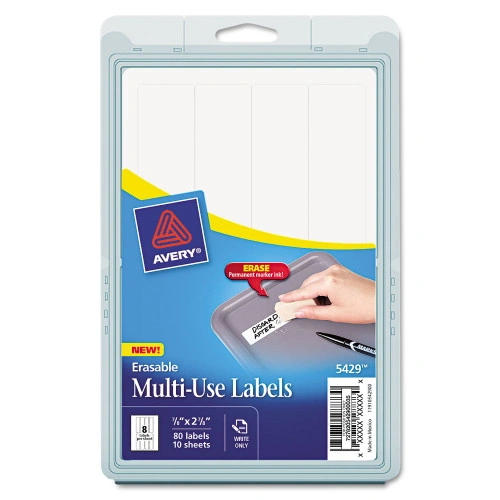 Avery Erasable ID Labels, InkjetLaser Printers, 0.88 x 2.88, White, 8Sheet, 10 SheetsPack (AVE5429)